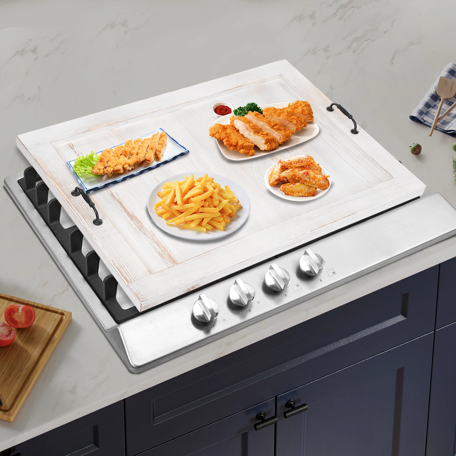 

30 In White Multi-functional Noodle Board Stovetop Cover, Decorative Oversized Kitchen Serving Tray for Kitchens, Hotels, Homes