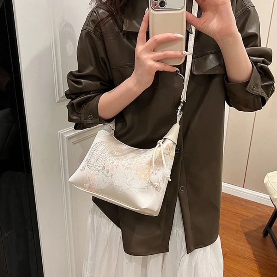 

Shoulder Bag Embroidered Chinese Style Handbag Canvas Zipper Pea Purses Luxury Adjustable Cheongsam Bag Shopping