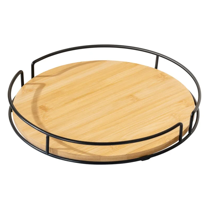 Wooden Rotating Storage Holder Tray Plate Racks for Kitchen with Iron Solid Wood Turntable Round Spice Rack