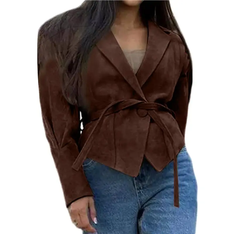 CYL-Leder Patchwork Jacke Mit Gürtel Weibliche Lange Ärmel Kordelzug Krawatte Mantel Weibliche Dicke Straße Outwear Braun M