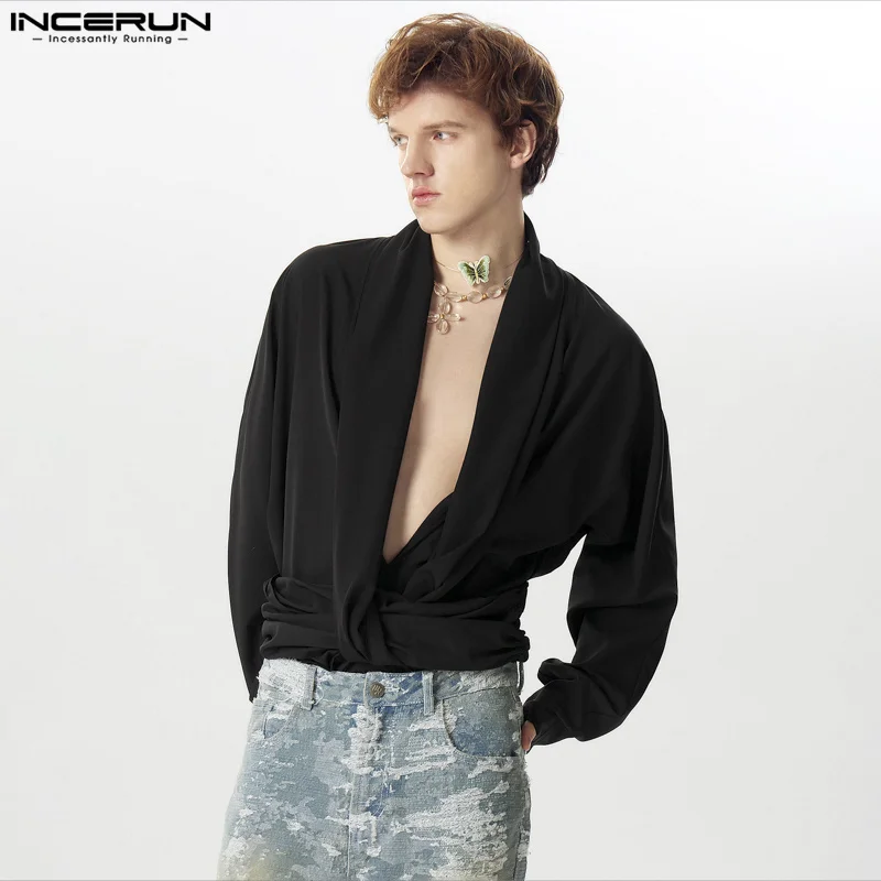 INCERUN 2024 Men\'s Irregular Shirt Solid Color Deep V Neck Long Sleeve Streetwear Casual Men Clothing Sexy Fashion Camisas S-5XL