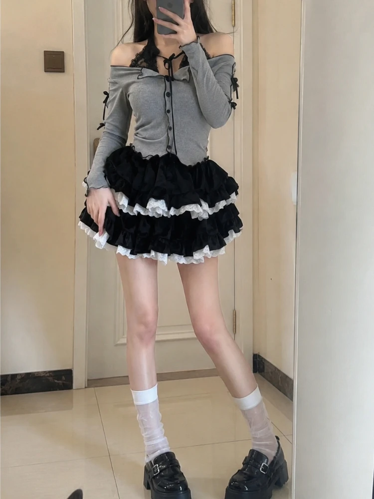 Skirts Women Kawaii Ball Gown Party Mini Faldas Spring Fall Retro Lovely Y2k Casual High Street Korean Style Patchwork Fashion