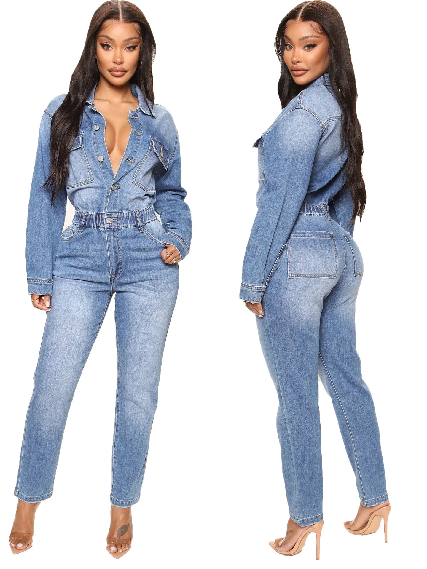 Women's Slim Fit Elastic Jeans Romper Low Waist Diamond Embellished Long Pants 100% Cotton Cross-Border Washed Bootcut