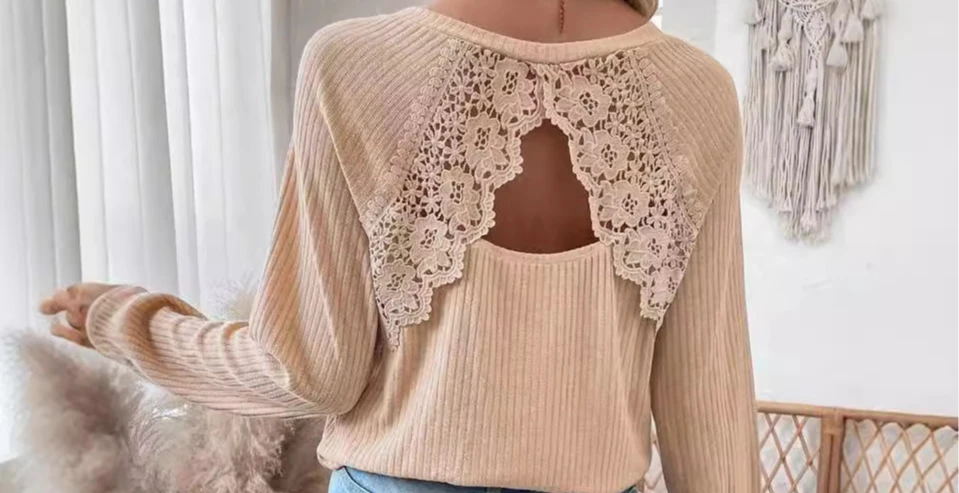 2024 New Women's Back Splicing Lace Lace Cutout with Rotator Sleeve Long Sleeve T-shirt Top Woman