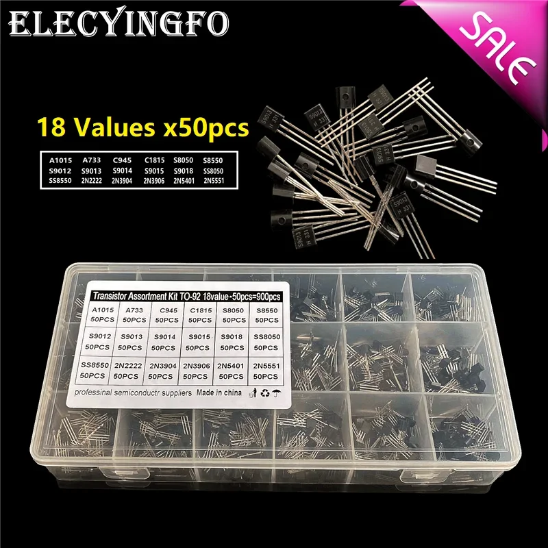 18values x50pcs DIP NP/NPN transistor kit box A733 SS8050 SS8550 A1015 C945 C1815 S8050 S8550 S9012-15 S9018 2N2222 2N3904