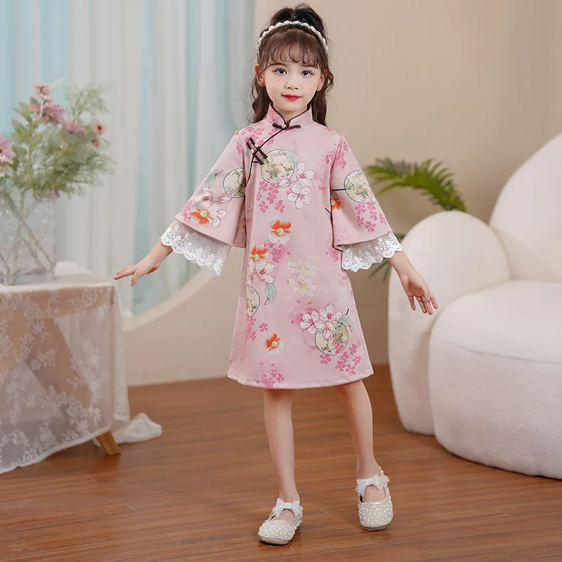 Pink Flower Girls Dress For Wedding Vintage Kid Chinese Qipao Children 2023 Sping New Flower Printing Cheongsam Hanfu Clothes