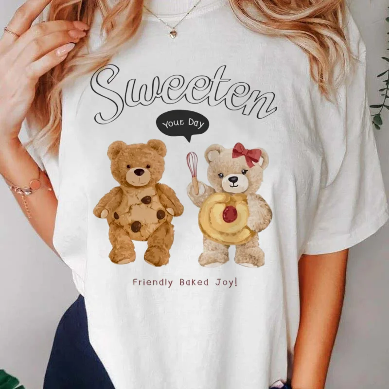تي شيرت طباعة عادية تنوعا المرأة الدب نمط لطيف الأبيض قصيرة الأكمام المرأة شعبية س الرقبة الأساسية موضة تي شيرت #3