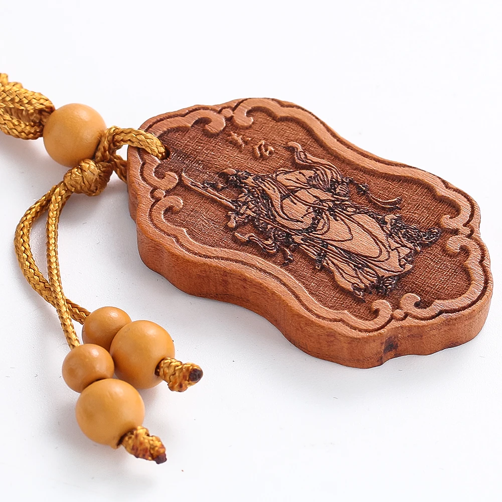 Natural Peach Wood  Carving Guan Gong Keychain Chinese Feng Shui God of Wealth Protective Amulet Bag Car Holder Keyring Jewelry