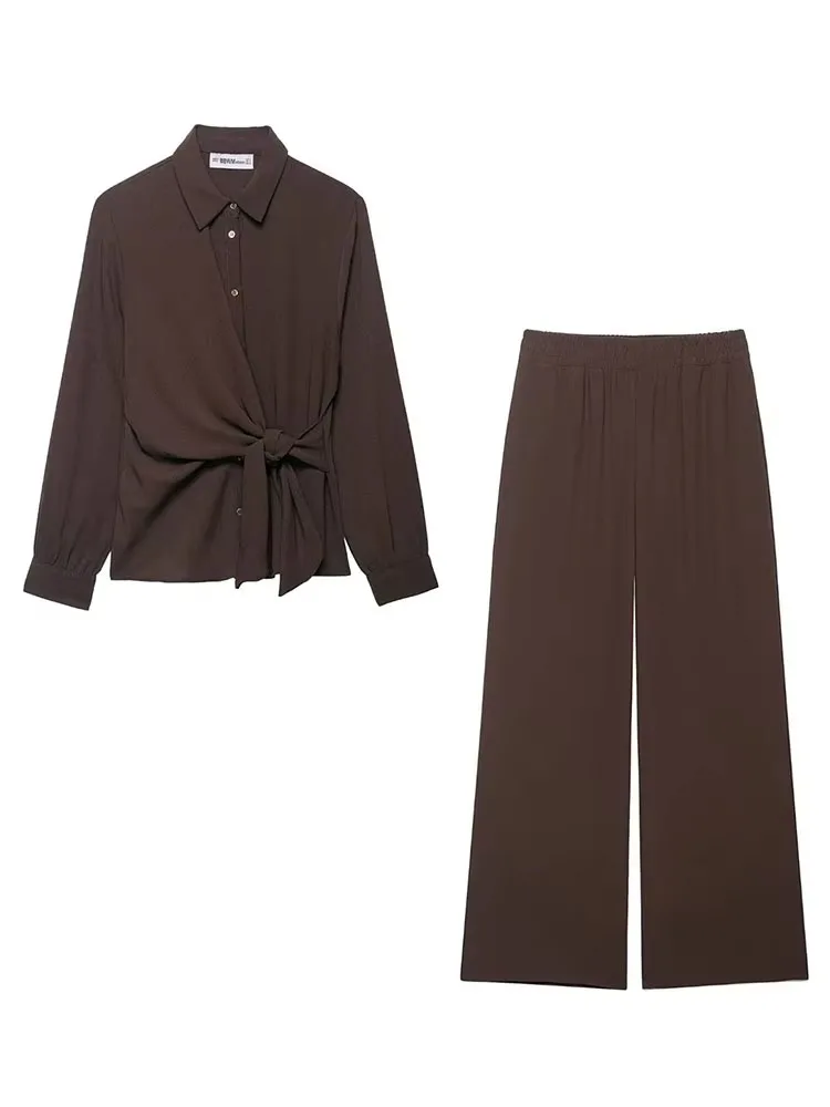 

HH Women Elegant Single-breasted Knot Decorate Long Sleeve Lapel Shirts+Elastic Waist Wide-leg Pants Autumn 2-Piece Set