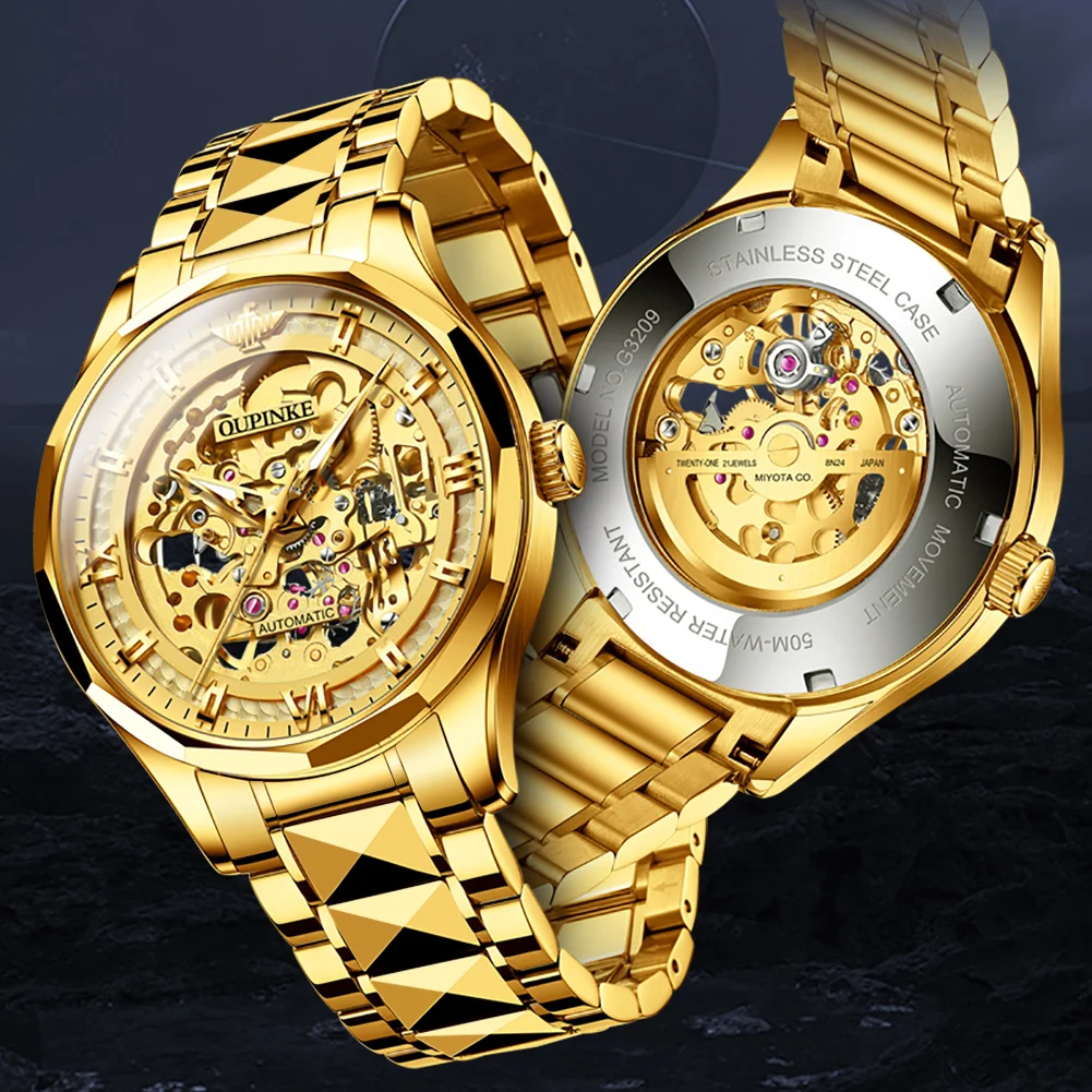 OUPINKE 3209 ساعة رجالية مجوفة فاخرة من أفضل العلامات التجارية اليابانية حركة أوتوماتيكية بالكامل ساعة ميكانيكية بحزام من الفولاذ التنغستن ساعة رجالية