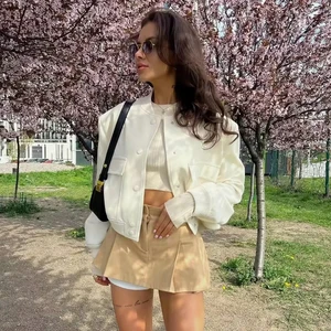 TRAF-سترة نسائية قصيرة بأكمام طويلة ، سترة بيسبول ، سترة طيار ، أبيض ، خريف ، شتاء أفضل 12 معاطف نسائية مبيعا - رقم 11