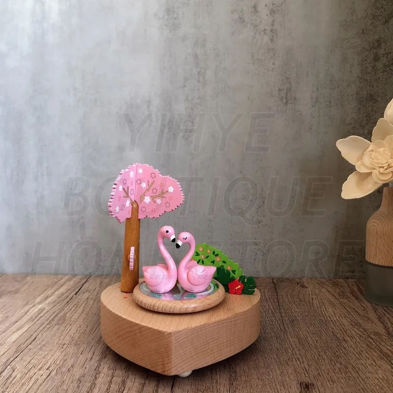 Caja de Música Giratoria de Madera con Forma de Flamenco, Artesanía Hecha a Mano, Adorno Creativo, Regalo de Cumpleaños o Festivo para Enamorados, Niños, Figuras Decorativas