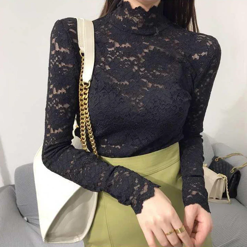 

Women Black Lace T shirt Sexy Turtleneck Long Sleeve Slim Lace Crochet Patchwork Tee S-3XL White Green Flowers Lace Shirt Tops