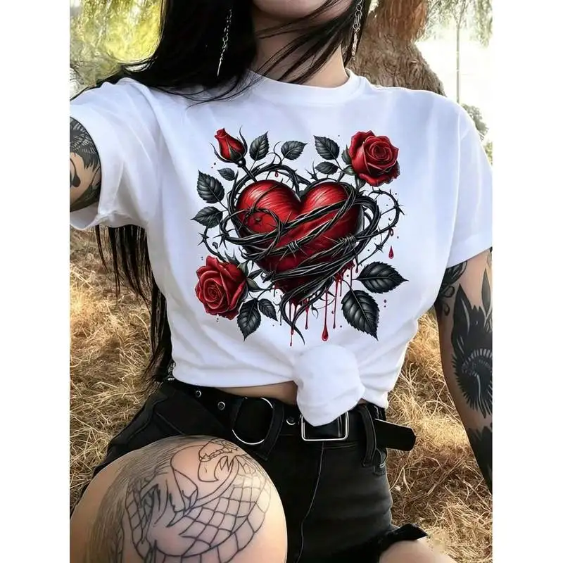 Women Barbed Wire Heart Rose Graphic T‑Shirt Crew Neck Short Sleeve Tee Gothic Dark Style Casual Daily Tops