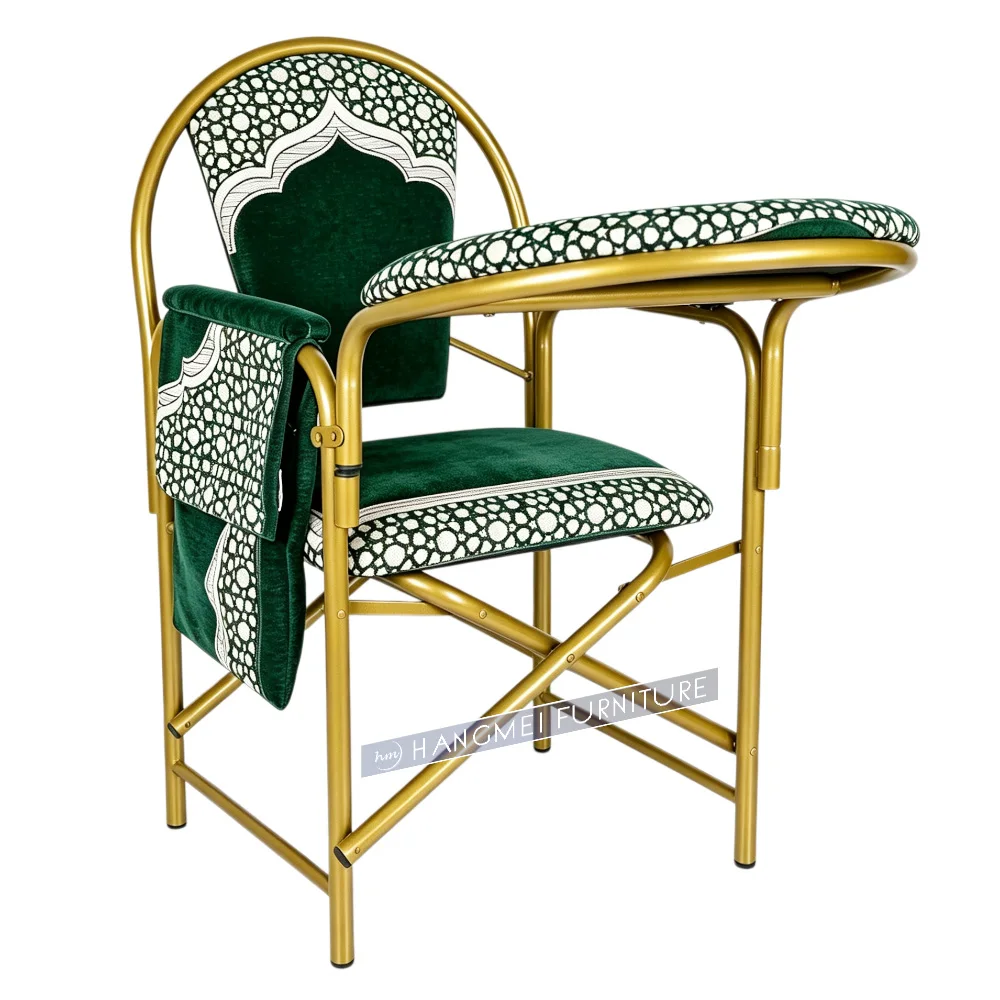 #Modern Foldable Prayer Chair Steel Frame Golden Powder Coating Polyester Upholstery Sponge Padding Fixed Armrests Hall Seating