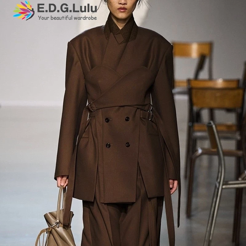 

EDGLuLu Korean Fashion Design Waist Wrap Belt Irregular Suit Jacket Ladies High Quality Brown Blazer Coat New 0824