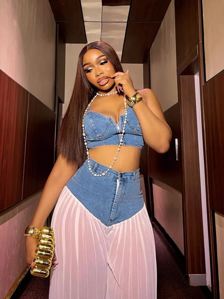 

Women's Trendy V-Ne Strapl Denim antung Long Pants Set Casual Sportswear Pleated Skirt Two-Piece Suit Summer 2025