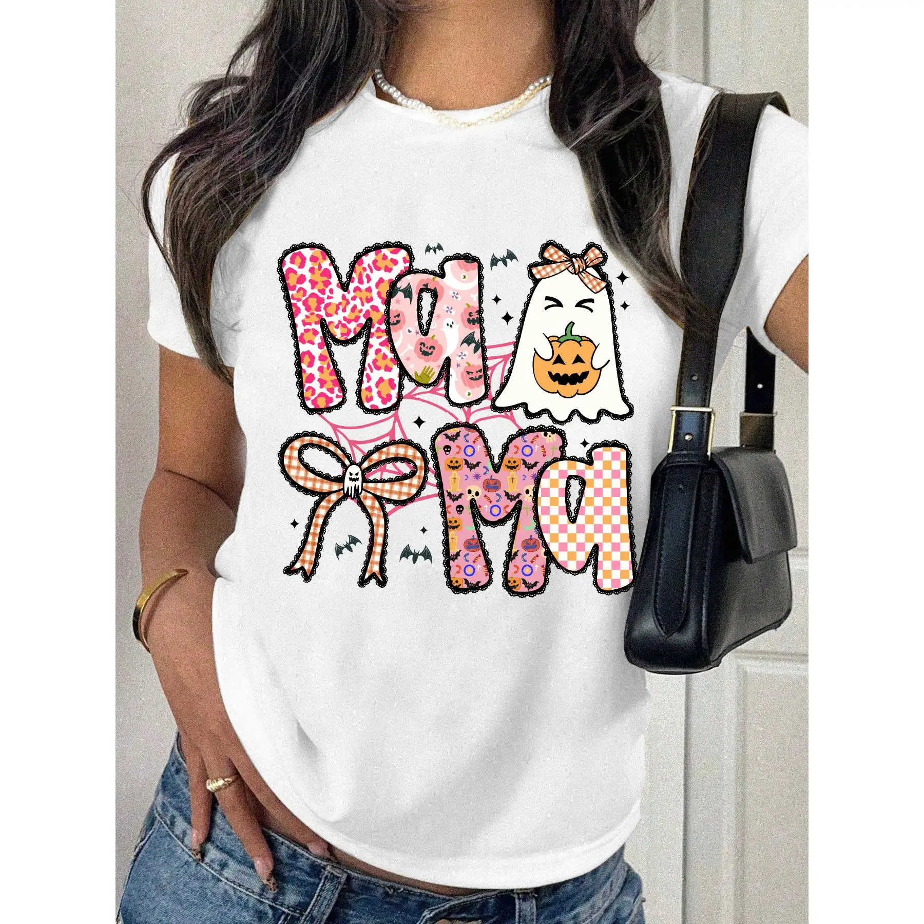 

Cute Halloween Mama T-shirt Women Funny Ghost Pumpkin Print Holiday Graphic Tee Fall Mom Gifts