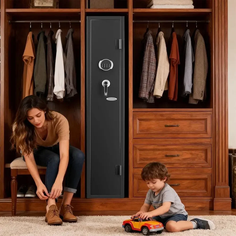 Rifle and Pistol Storage Cabinet with Adjustable Shelves, LED Light, and Removable Rack for Firearms (Black)