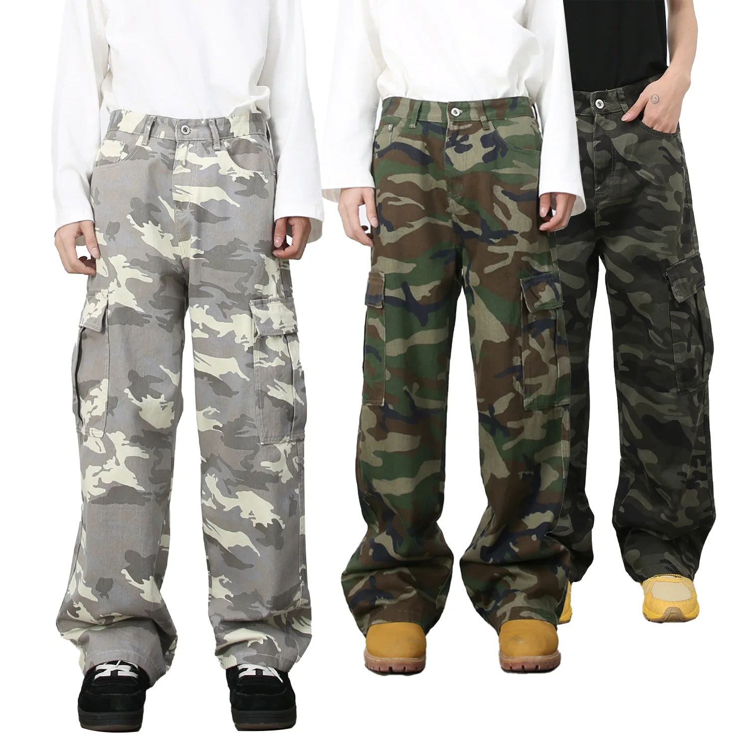American Vibe Vintage Men's Loose Straight Wide Leg Cargo Jeans Pants Vintage Camouflage Multi Pockets Denim Trousers Clothes