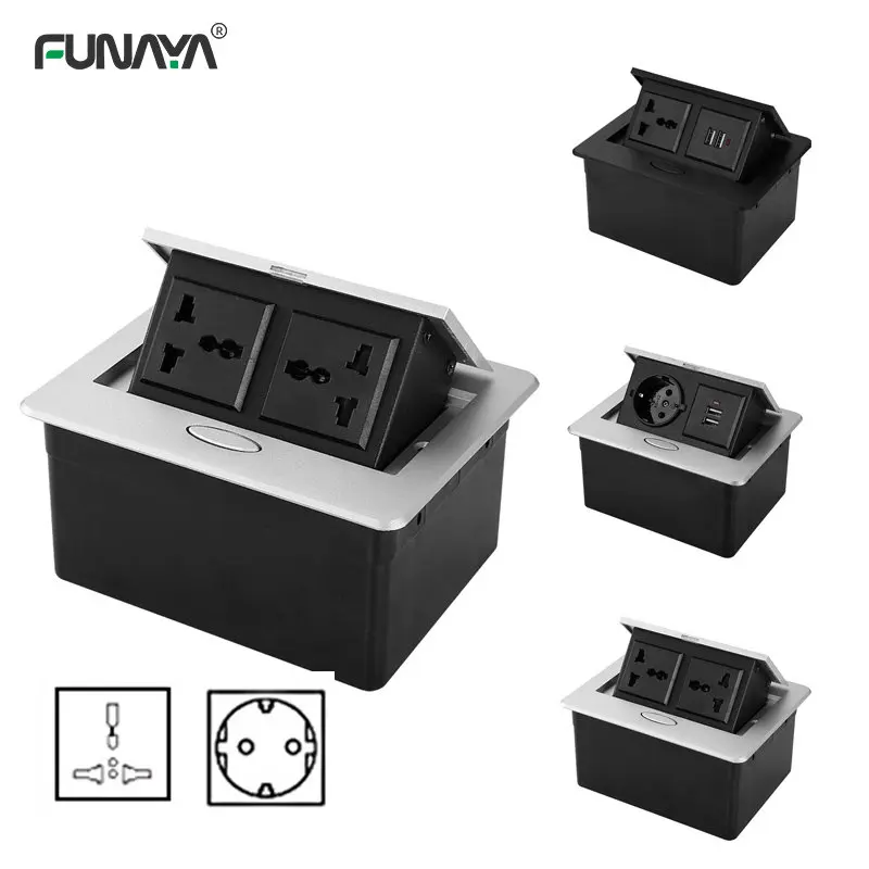 

UK EU Table Pop Up Power Sockets Universal 4000W 16A 1 Outlets 2 USB 110~250V Alloy Black Sliver Cabinet Furniture Hidden Socket