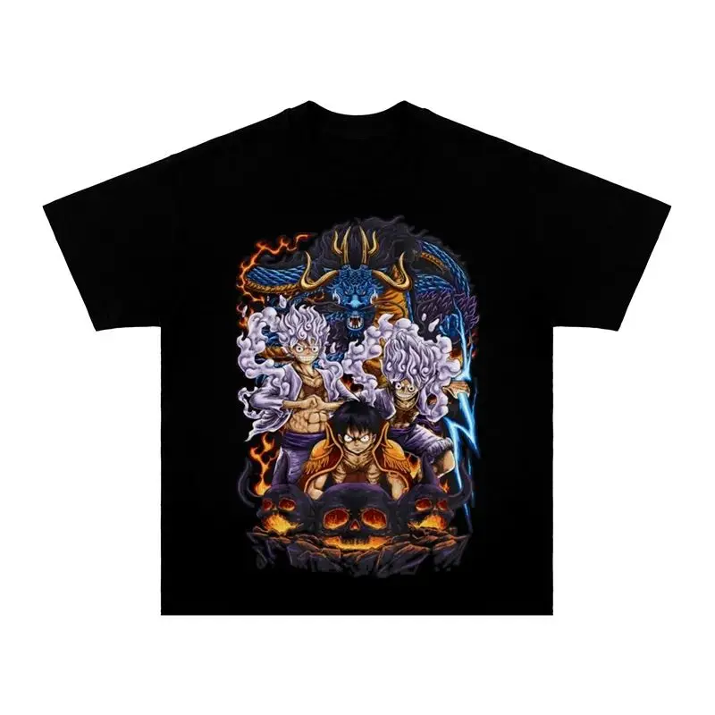 

100% Cotton ONE PIECE Nika Luffy Anime Short-sleeved T-shirt Men's Summer Retro Street Loose Top Men's and Women's