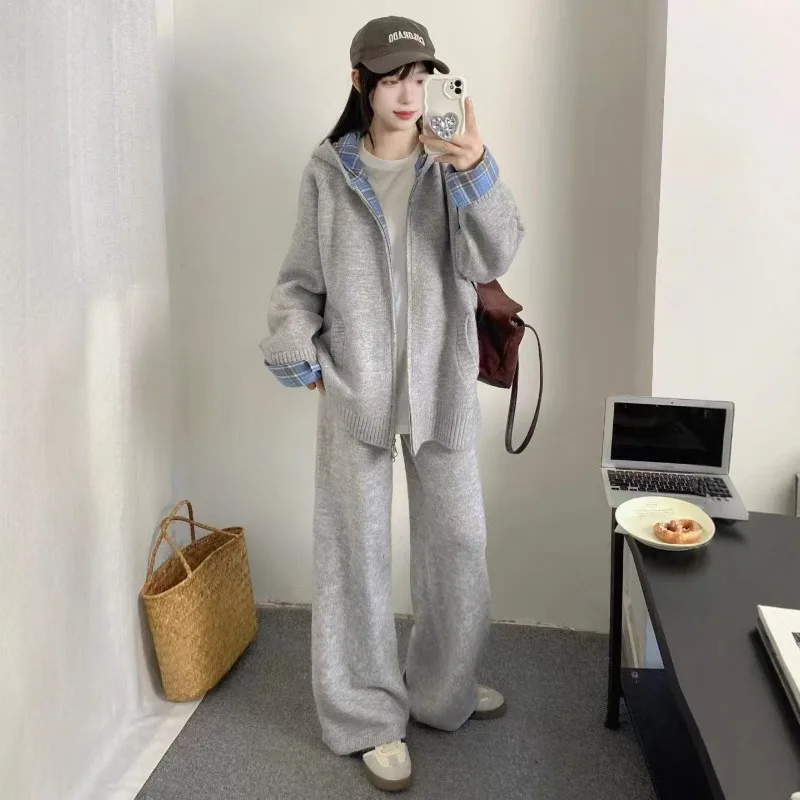 Koreanische beiläufige Lose Feste langarm gestrickte zipper mit kapuze strickjacke + elastische taille hosen 2-teiliges set winter frauen Anzug Neue