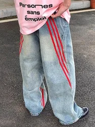 2024 Spodnie Y2K Fashion Red Striped Vintage Blue Baggy New Jeans Pants Men Clothes Old Loose Women Denim Trousers Ropa Hombre