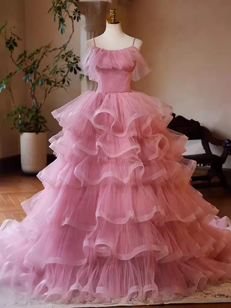 Vestido De princesa con hombros descubiertos para niña, traje De graduación, fruncido, falda escalonada, largo, quinceañera, fiesta De cumpleaños, 15