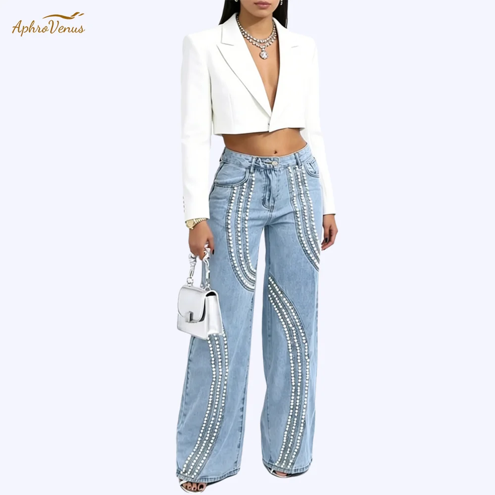 Women's High Waisted Wide Leg Jeans with Beaded Detailing Casual Baggy Denim Pants for Party Streetwear and Everyday Wear