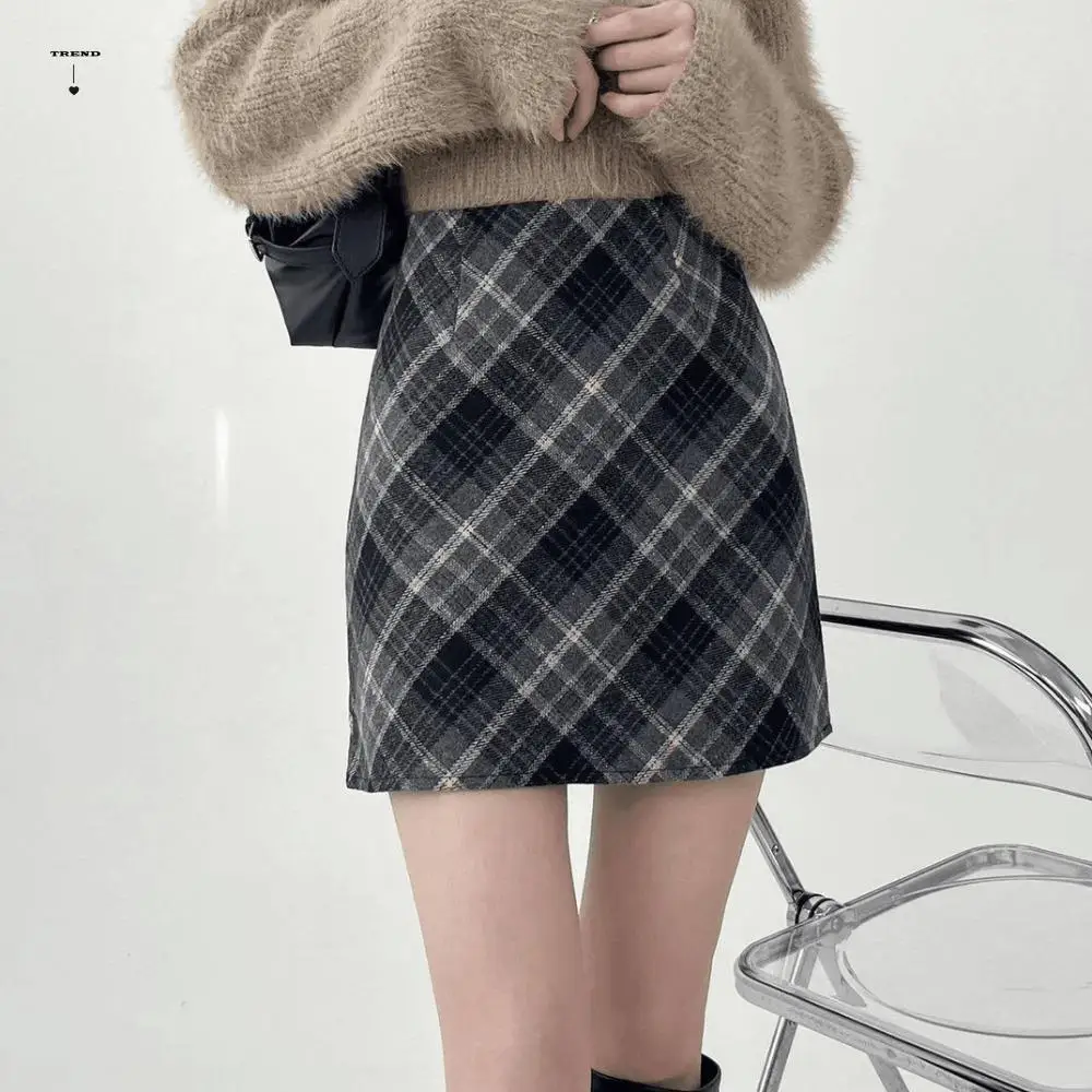 

High Waist Retro Plaid Skirt Winter Autumn Classical High Waist Long Skirt Preppy Style Slim Fit A-line Half Dress Autumn