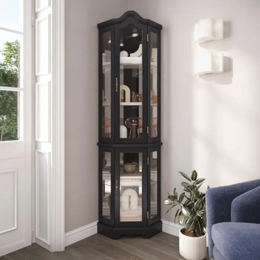 Vitrine de vidro com iluminação em três lados, ideal para a sala de estar e a cozinha, com portas e prateleiras de vidro temperado e cantos de madeira curvada.