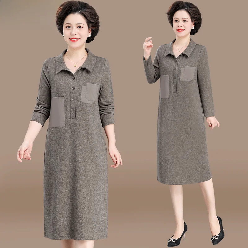 

Loose Slimming Autumn Dr Casual Mid-aged Women's T-irt Dr Large Size Faionable Straight-cut -ne Midi Dr