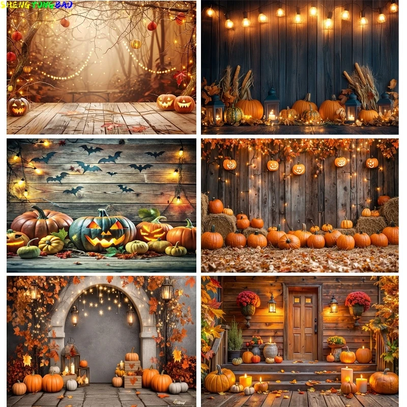 

Halloween Day Autumnal Pumpkins Photography Backdrops Props Maple Leaf Scarecrow Farm Harvest Thanksgiving Background RR-18
