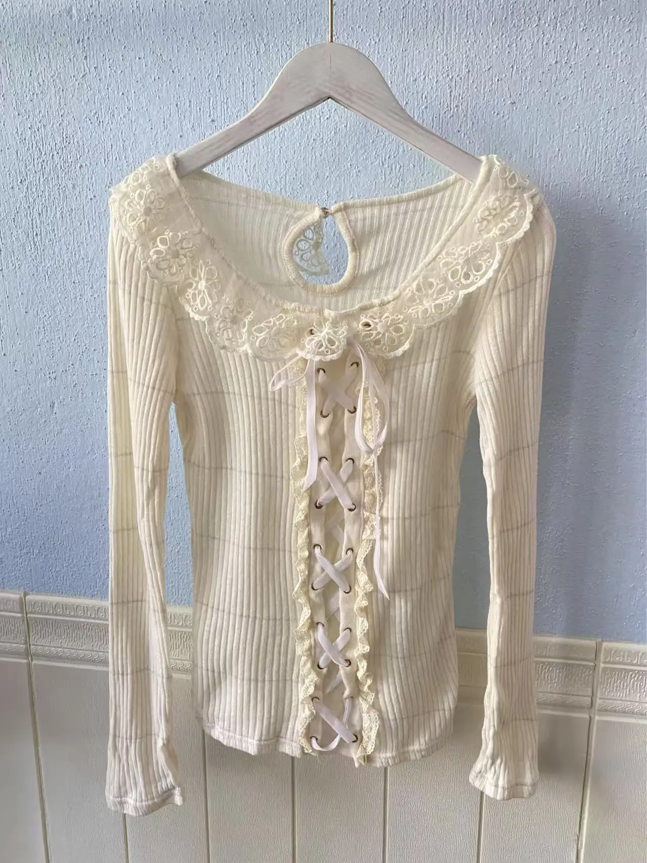 Sales Japan Style Lace Embroidery Collar Ribbon Cotton Knitted Long Sleeve Shirts