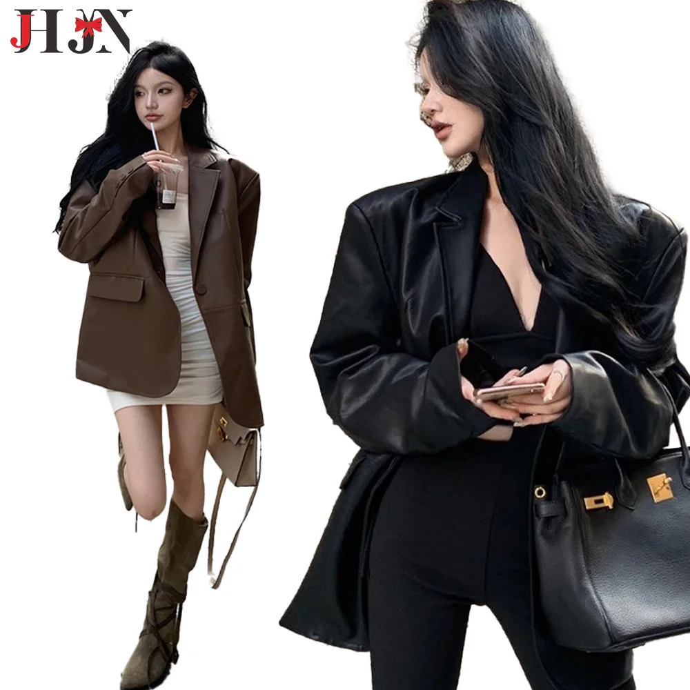 black suit Leather jacket Fall/Winter 2024 New PU leather Explosive Street easy Casual suit top