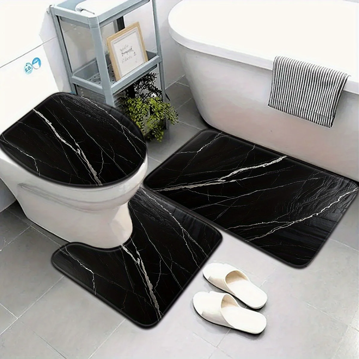 

Набор ковриков для ванной комнаты из 3 предметов черного мрамора, полиэстер, устойчивый к выцветанию, тканая фланель, с чехлом на сиденье унитаза и U-образным напольным ковриком