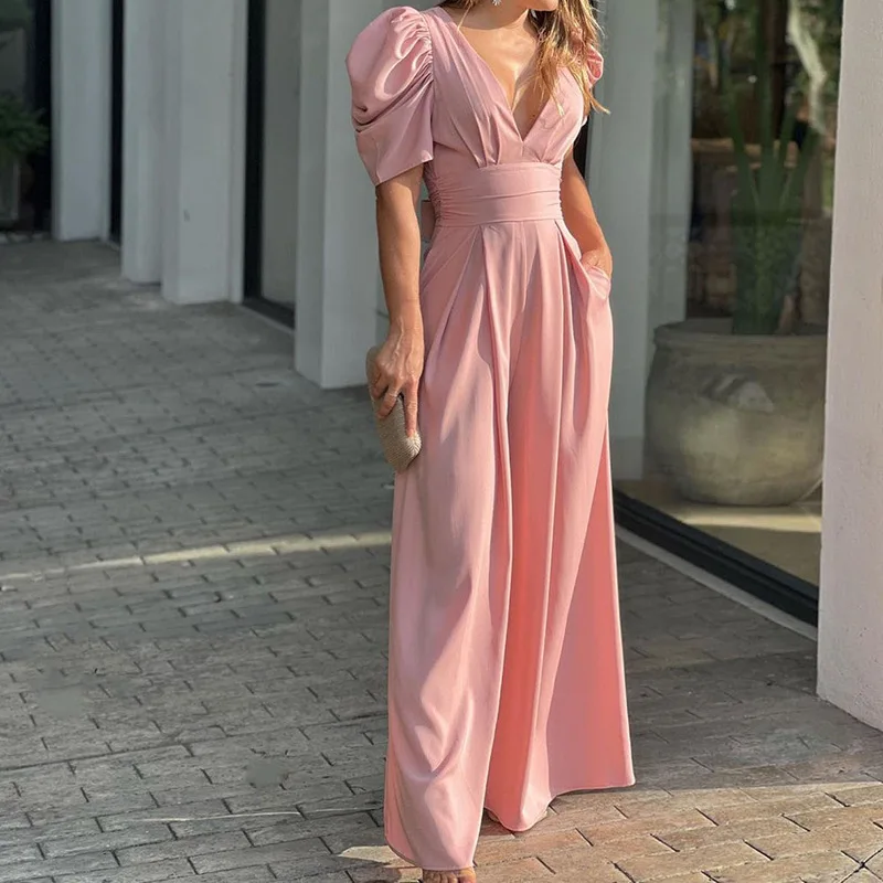 summer short-sleeved women fashion elegant large-size wide-leg jumpsuit monos mujer elegante combinaison pour femme monos mujer