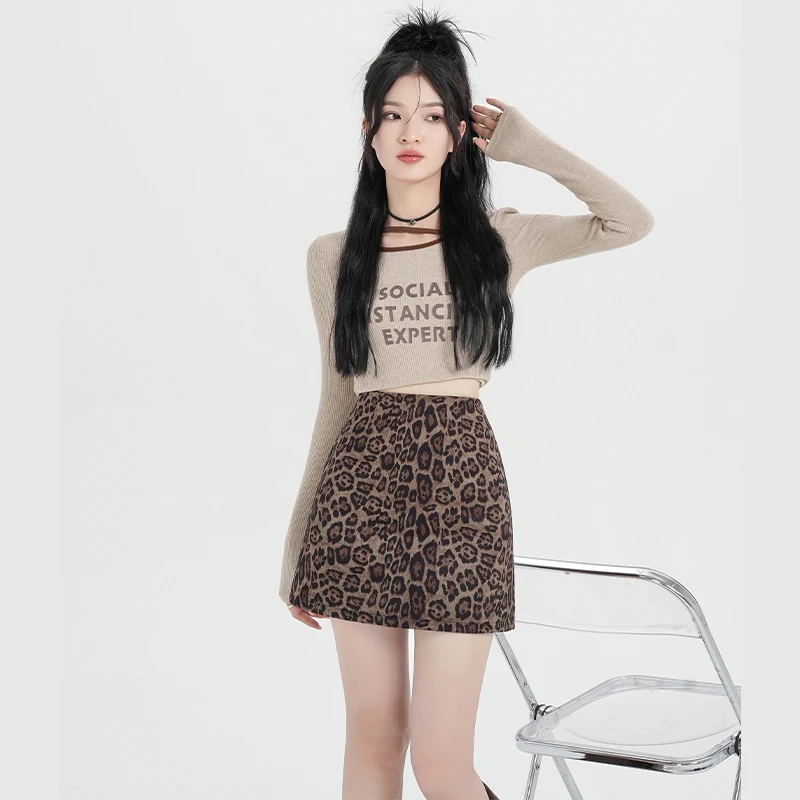 Y2K 레오파드 프린트 스커트 여성용 랩 미니 스커트 하이 웨이스트 슬림 핏 아메리칸 스타일 스파이시 걸 가을 겨울