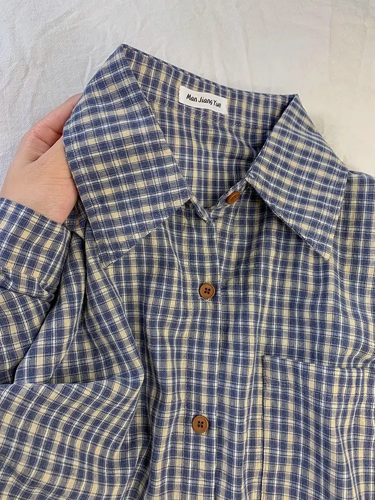 

Women's Blue Plaid Polo-Neck Shirts Blouses Y2k 2000s Top Aesthetic Vintage Long Sleeve Shirt Casual Clothes Autumn Spring 2025
