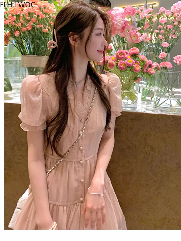 Korea Chic Dress 2022 Summer Holiday Date Girls V Neck Sweet Romantic Pink Women Lace-Up Ruffles Button Shirt Dresses