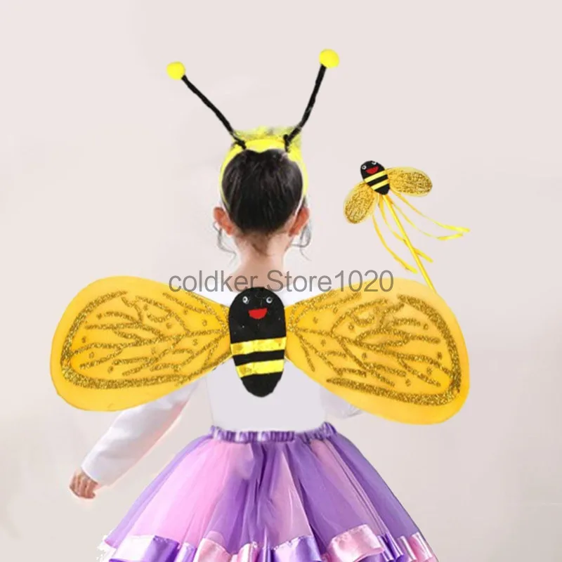 3pcs Kids Ladybug Bumble Bee Costume for Boy Girls Fairy Wings with Headband Set for Stage Performance Halloween Party Clothing