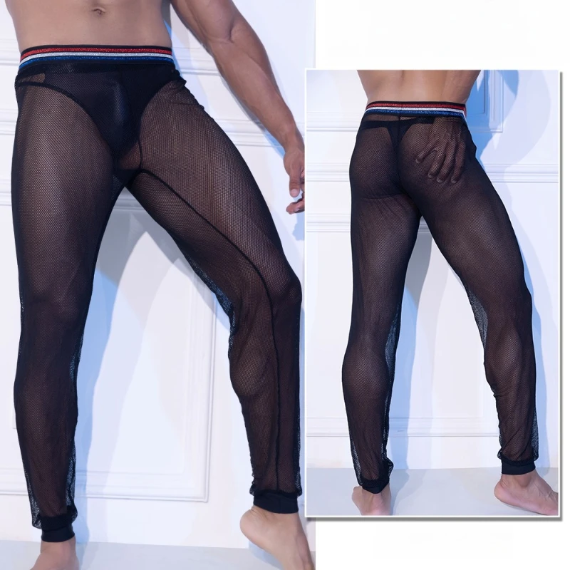 

Новые мужские сексуальные сетчатые брюки, высокоэластичные спортивные повседневные леггинсы, прозрачные колготки с U-образной выпуклой сумкой, одежда для ночного клуба