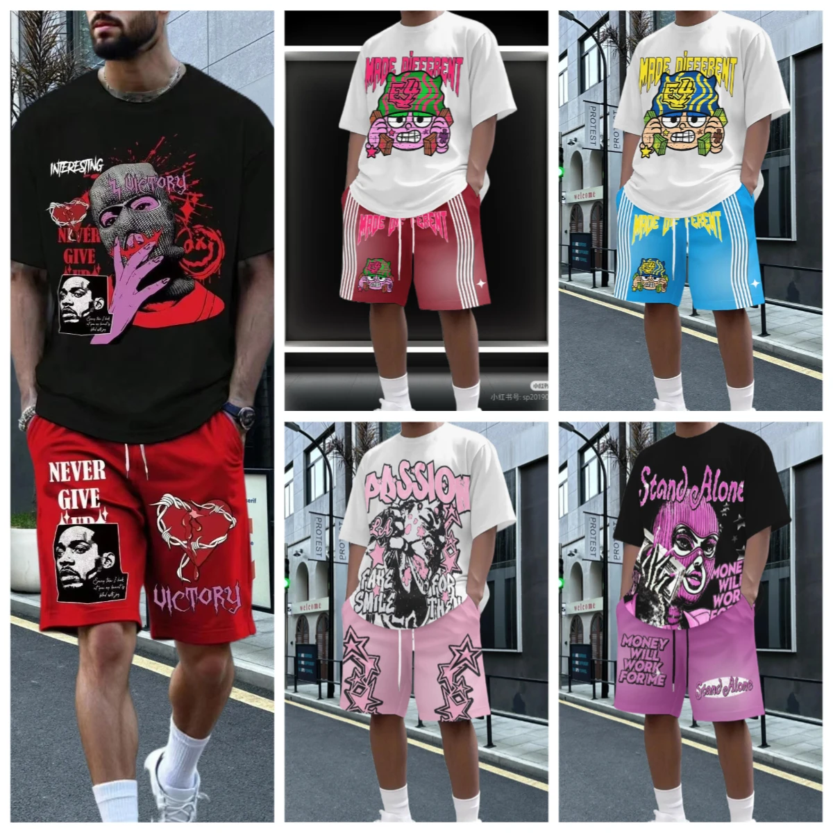 

25/26 Новый летний комплект, мужская футболка, модный американский уличный мужской комплект с круглым вырезом и принтом, модный красивый спортивный комплект из двух предметов