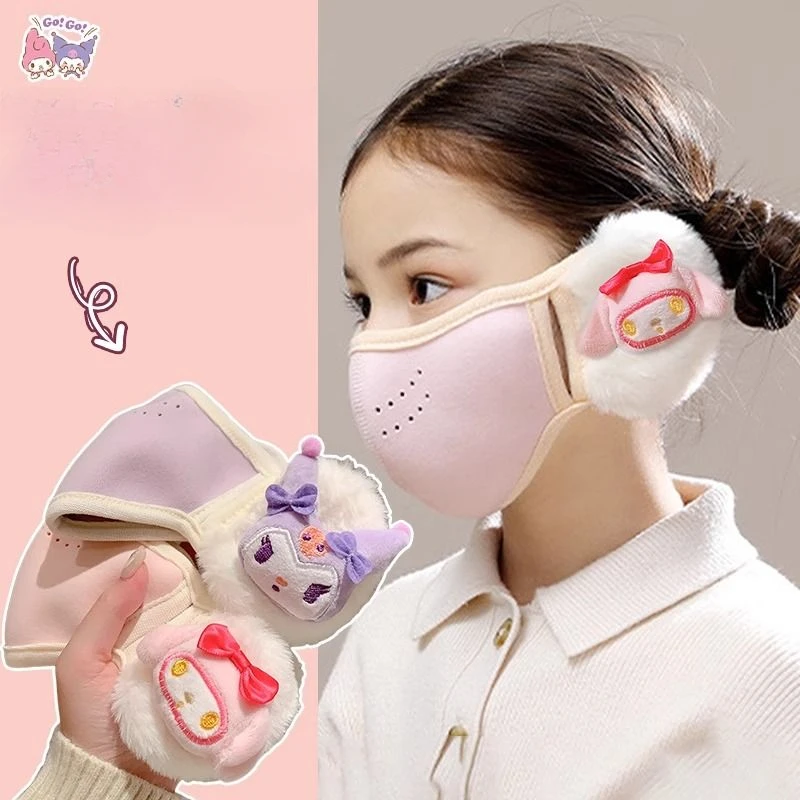 Mascarilla facial Kawaii Kuromi para mantener el calor, orejeras para estudiantes, pestaña para chica Kawaii, suministros de vida para viajes de invierno de terciopelo, regalo de cumpleaños