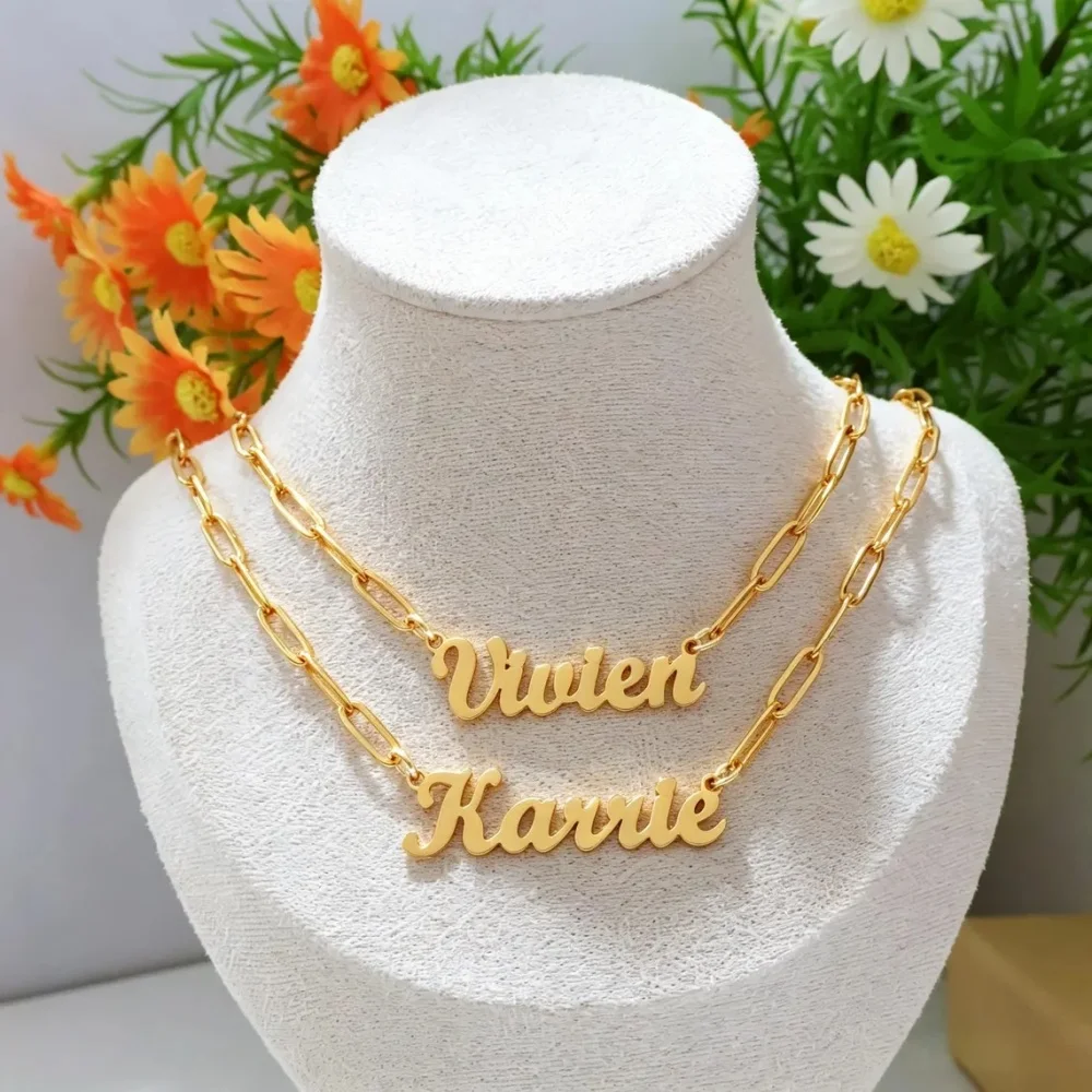 Custom Cursive Script Name Necklace Personalized Nameplate Paperclip Chain Necklace Stainless Steel Women Jewelry Gifts For Her