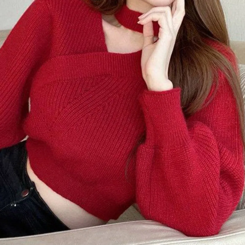 Women\'s Fall Winter Wrap V Neck Sweater Balloon Sleeves Ribbed Knitted Pullover Loose Jumper Tops