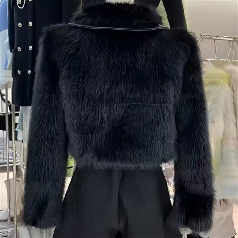 Motorcycle Faux Leather Jacket Women's Short Fashion Top with Spliced Faux Fox Fur Warm Autumn Winter Hot Girl Style
