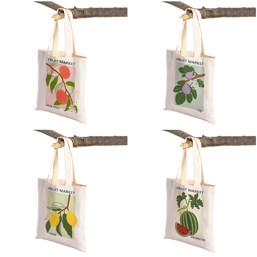 Kiwi Mango Lemon Peach Fig Banana Fruit Women Shopping Bags Casual Canvas Handbag Art Decor Music Shopper Bag Lady Tote