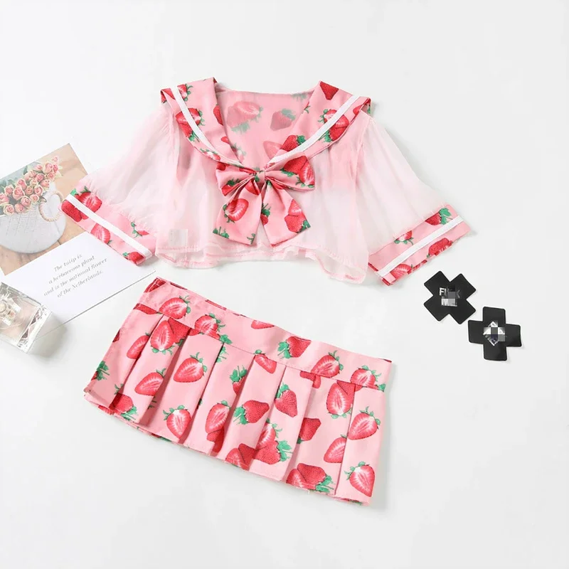 Sexy Kawaii Lingerie Set Cute Sailor Dress Lolita Strawberry Printed Costume School Girl Uniform Cosplay Japanese Lingerie